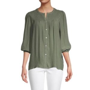 NANETTE LAPORE Sage Green Long Sleeve Smocked Peasant Top